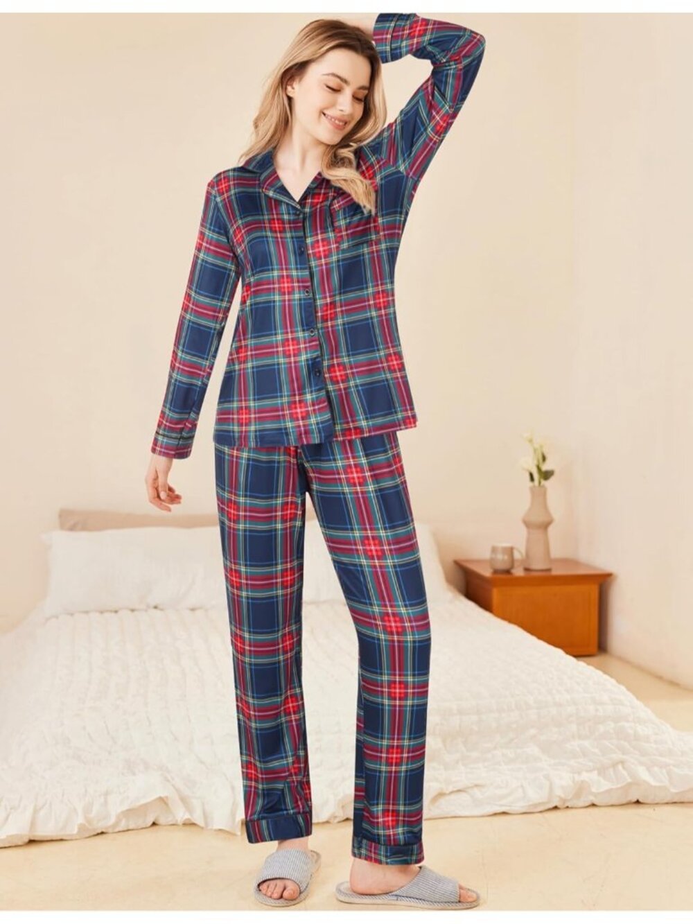 Women's Red Green Plaid Button Down Long Sleeve Shirt Sleepwear Pajamas Set - Picture 4 of 5